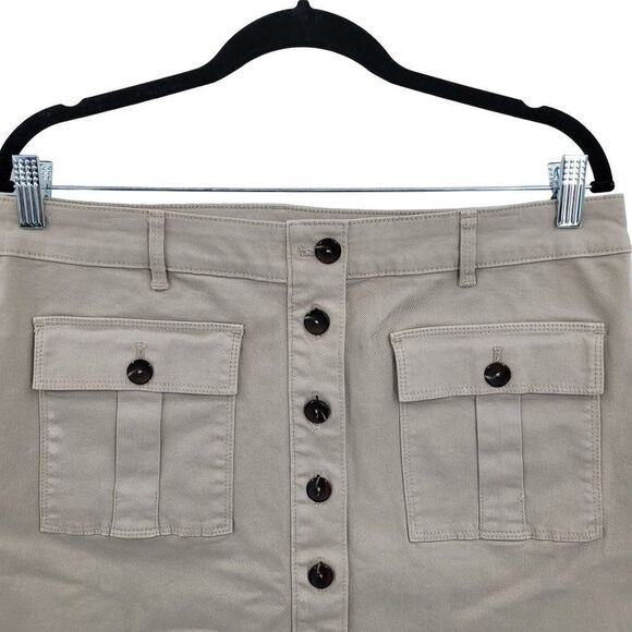 WHBM Mini Skirt 10 Tan Cotton Stretch Aline Button Front Cargo Safari Pockets - Picture 7 of 14